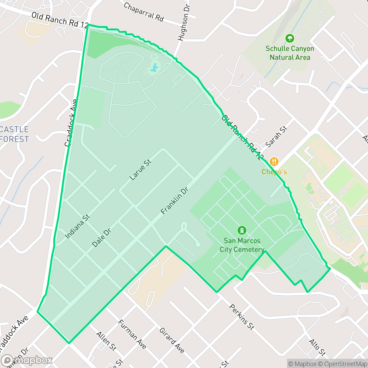 Map showing the location of Oak Heights, San Marcos, TX