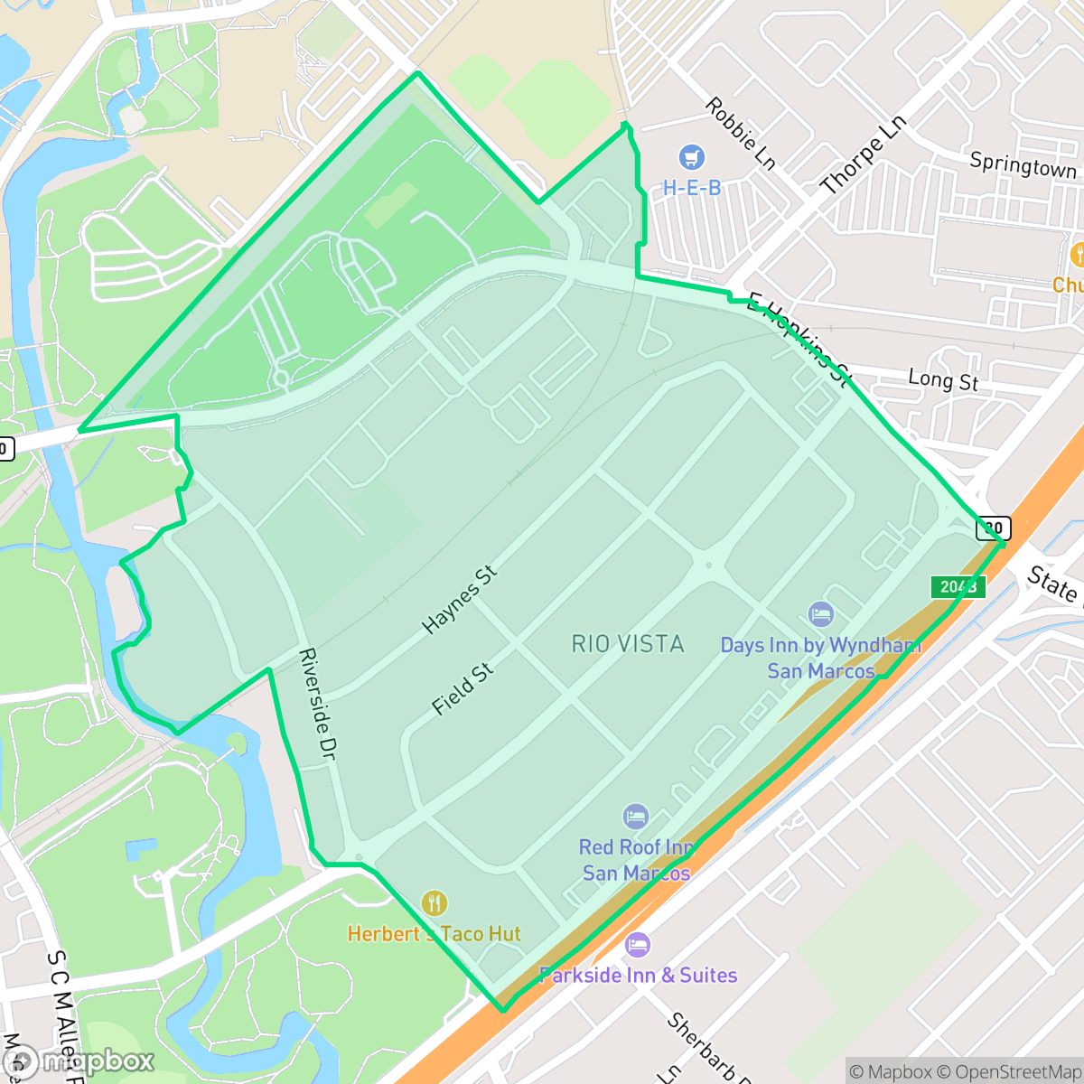 Map showing the location of Rio Vista, San Marcos, TX