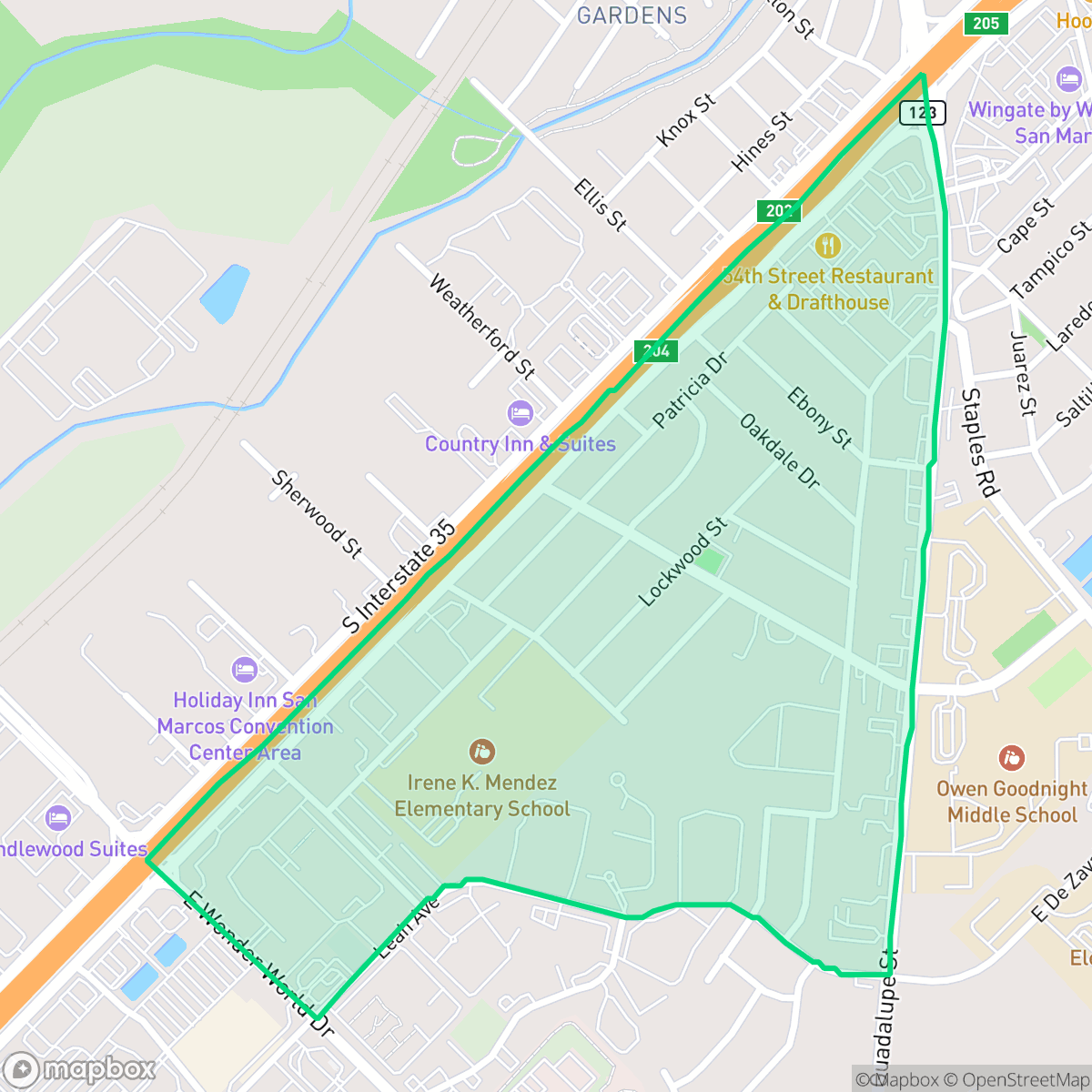 Map showing the location of Sunset Acres, San Marcos, TX