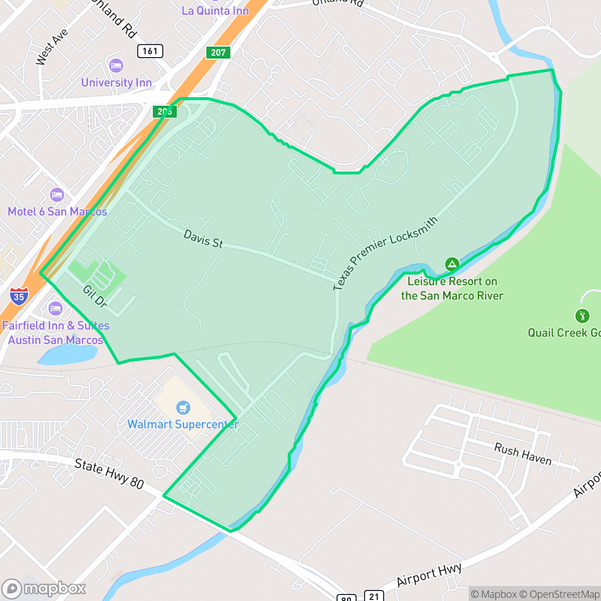 Map showing the location of Two Rivers East, San Marcos, TX