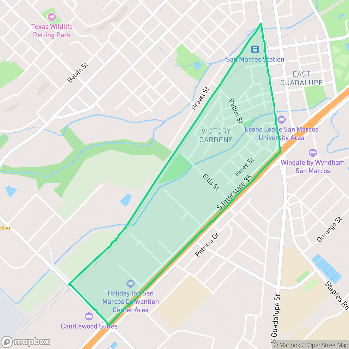 Map showing the location of Victory Gardens, San Marcos, TX