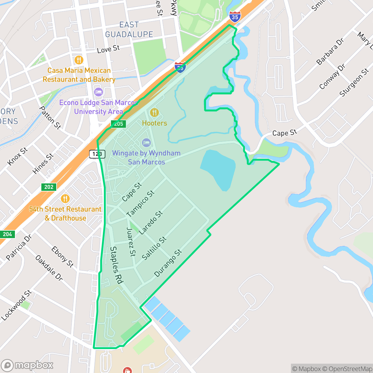 Map showing the location of Wallace Addition, San Marcos, TX