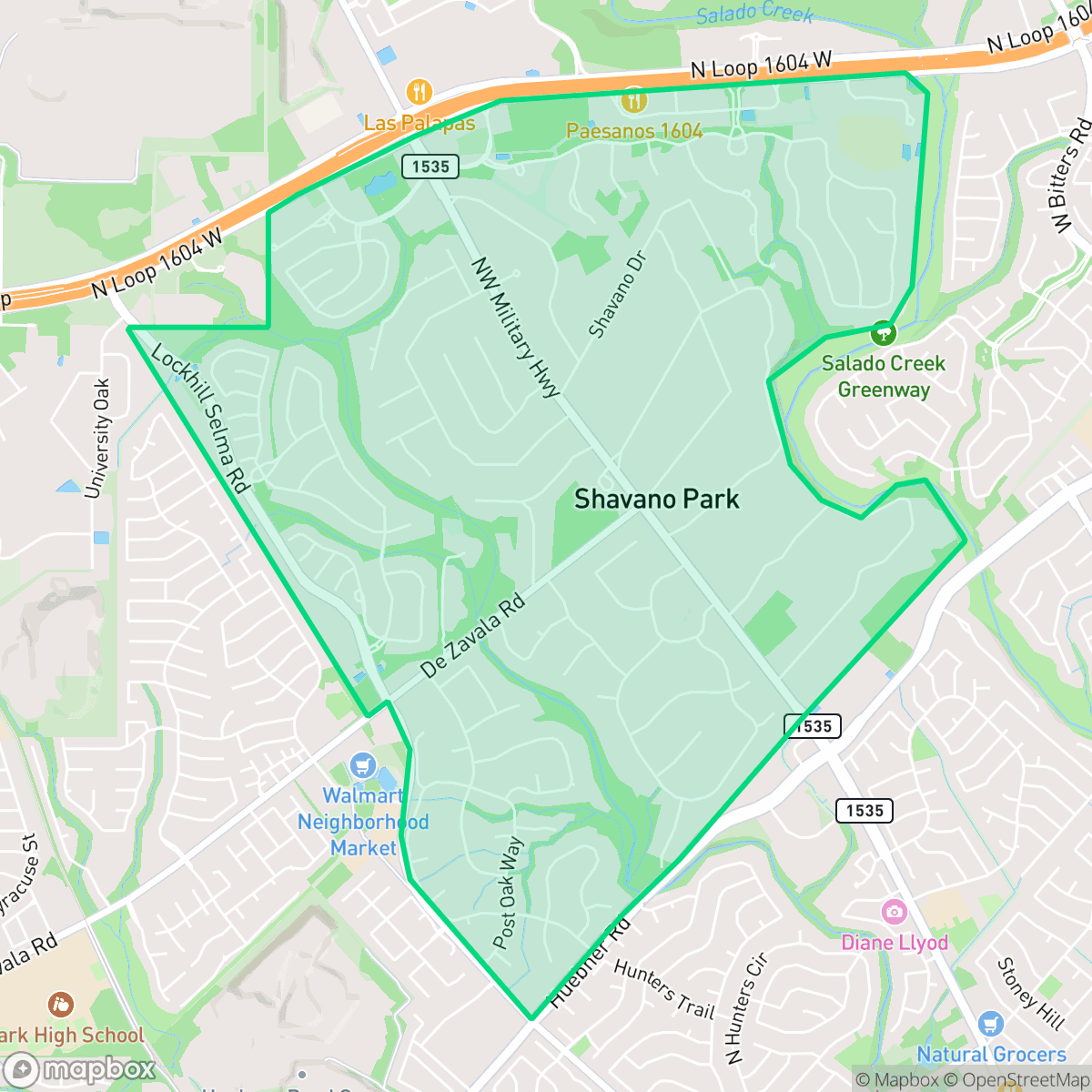Map showing the location of Shavano Park, TX — coverage area