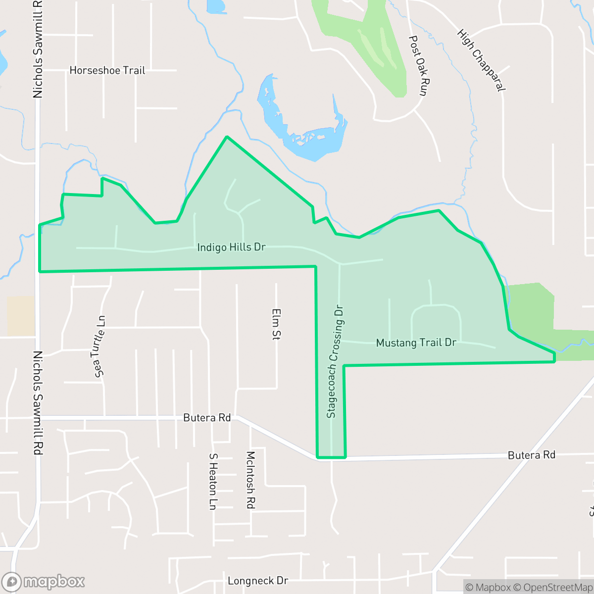 Map showing the location of Indigo Ranch, Stagecoach, TX