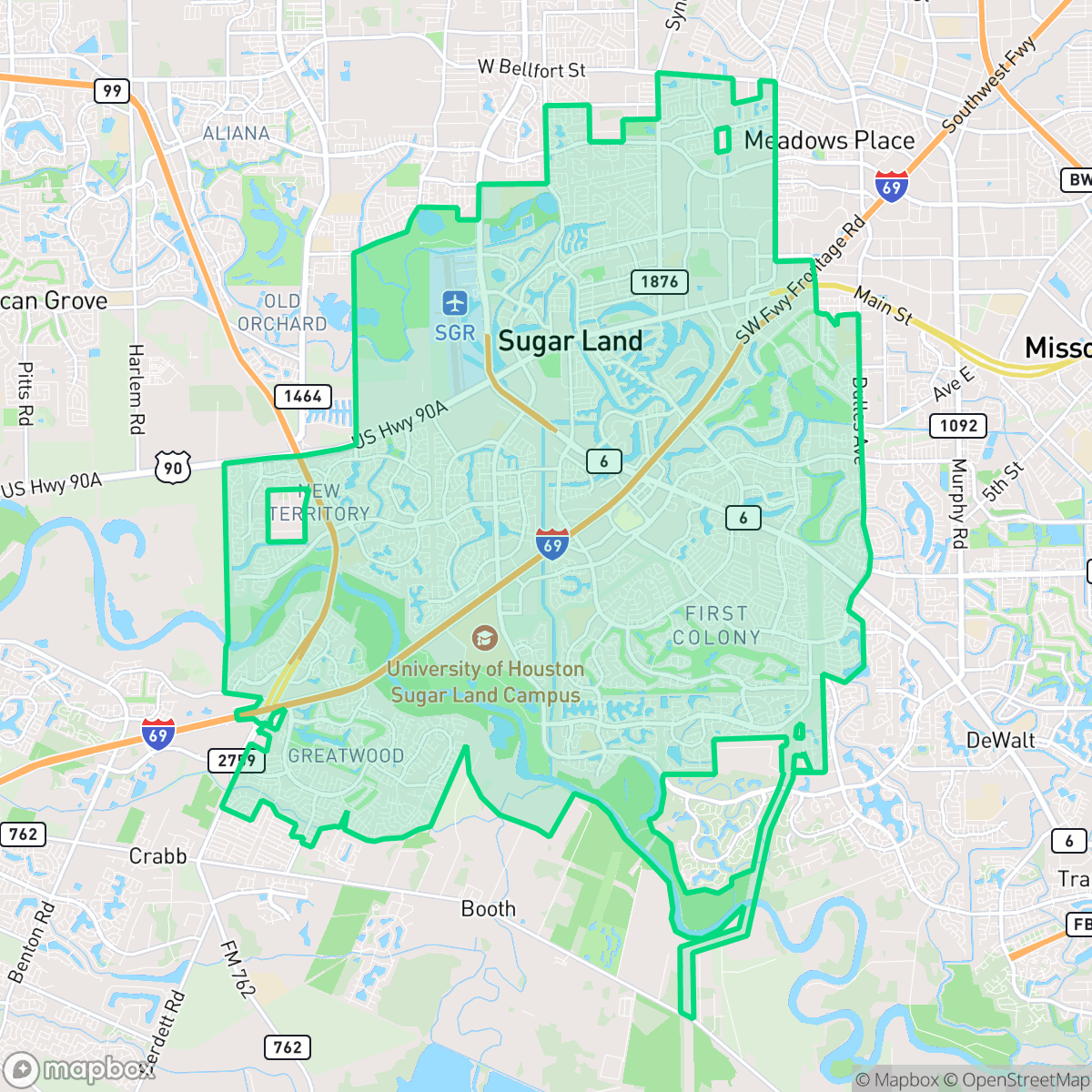 Map showing the location of Sugar Land, TX — coverage area