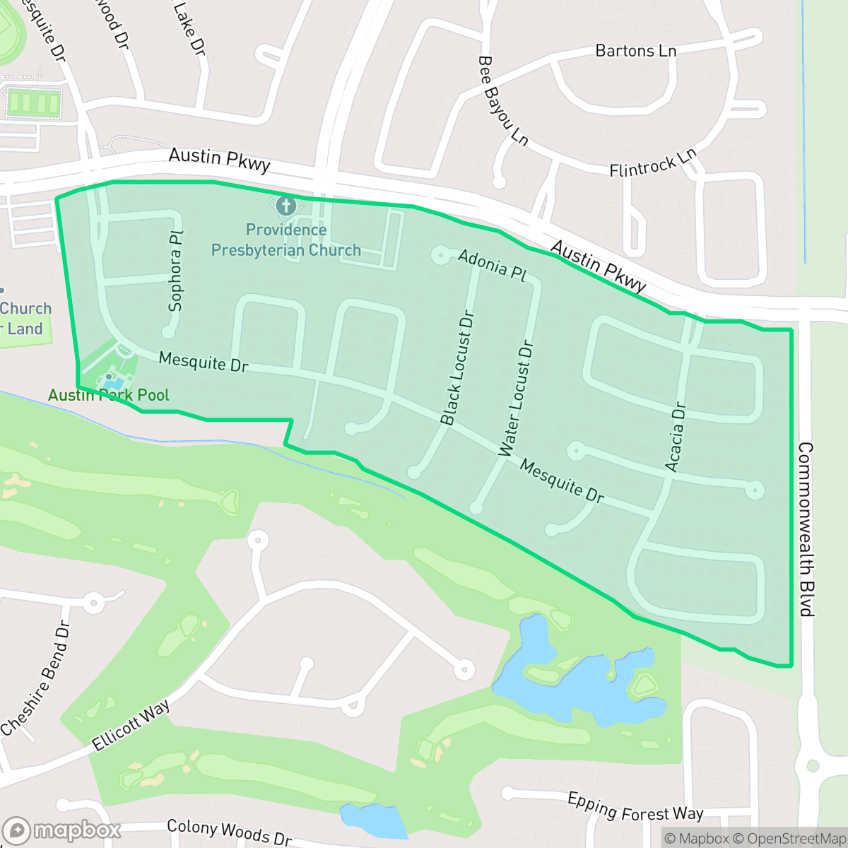 Map showing the location of Austin Park, Sugar Land, TX
