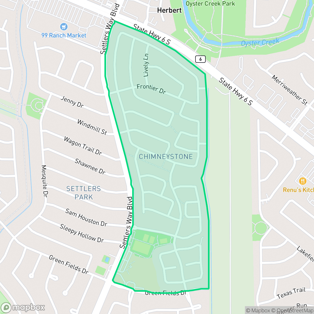 Map showing the location of Chimeystone, Sugar Land, TX