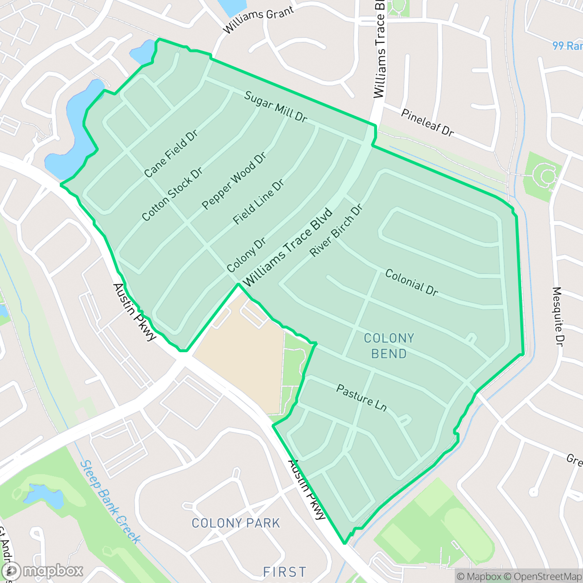 Map showing the location of Colony Bend, Sugar Land, TX