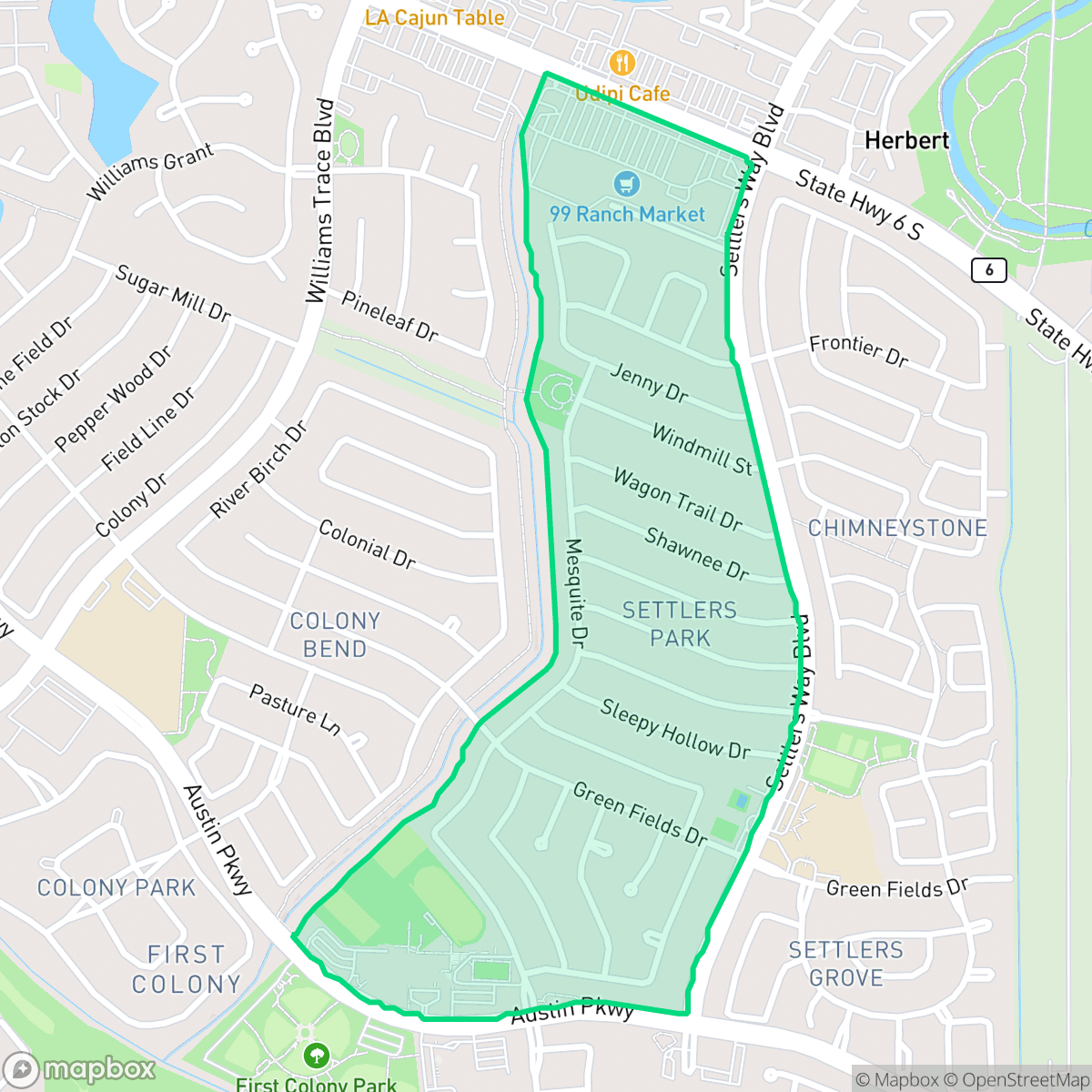 Map showing the location of Settlers Park, Sugar Land, TX