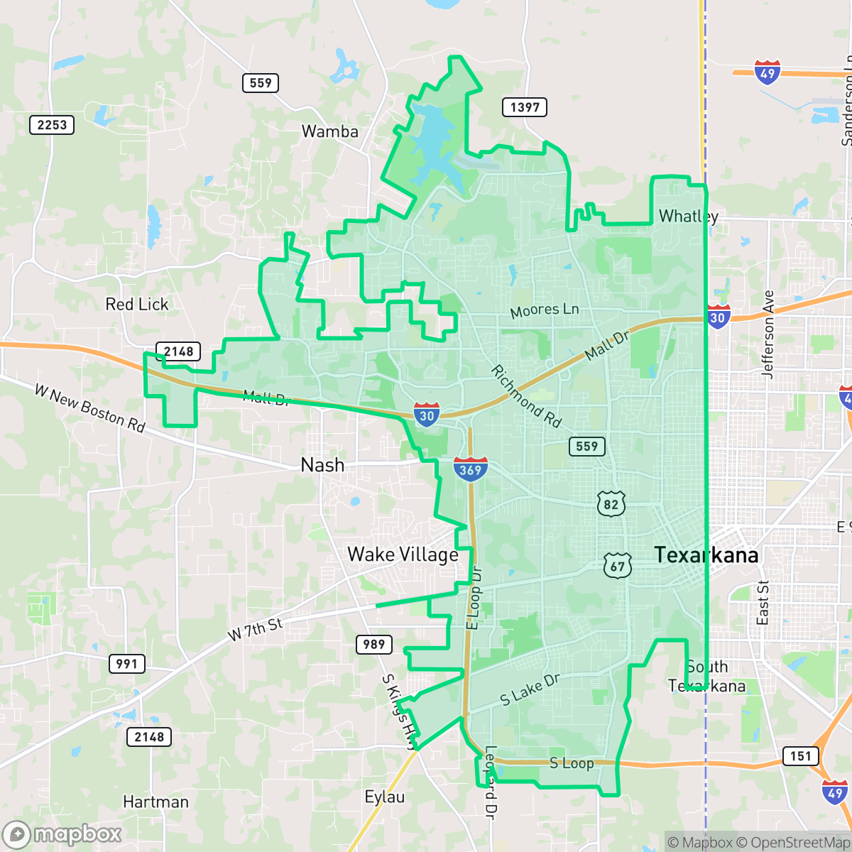 Map showing the location of Texarkana, TX — coverage area