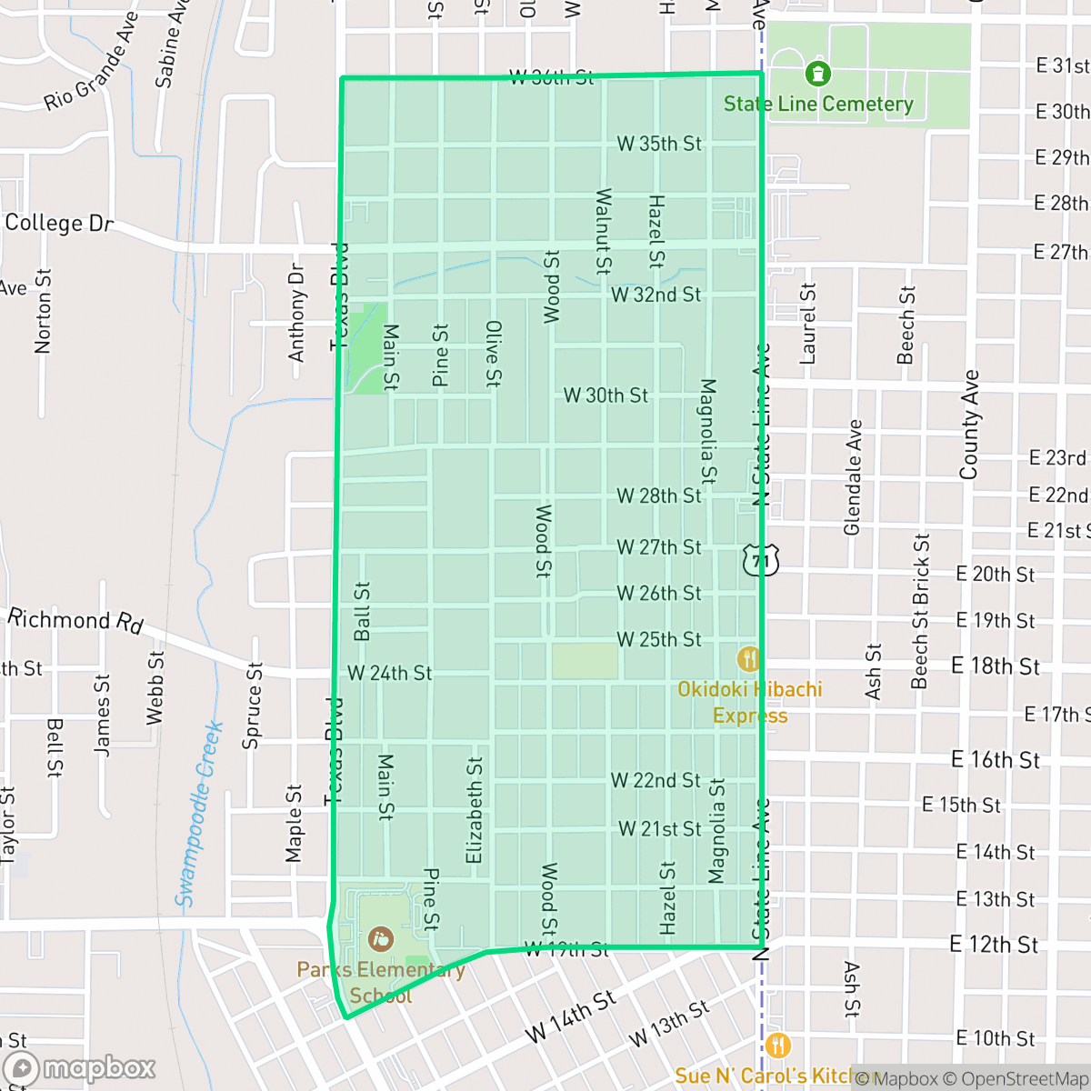 Map showing the location of Highland Park, Texarkana, TX