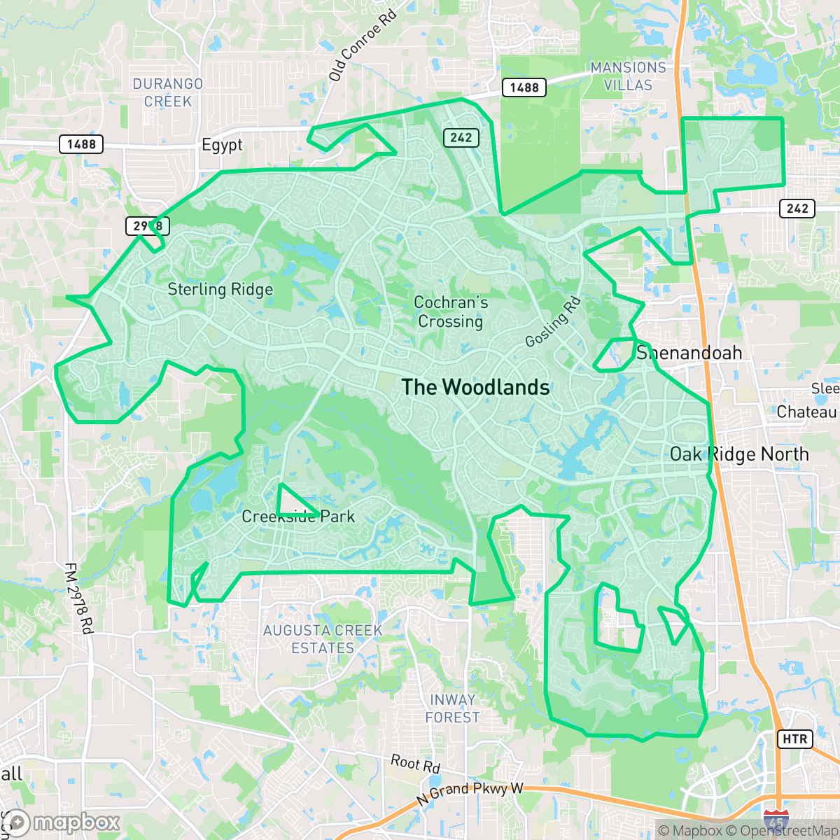 Map showing the location of The Woodlands, TX — coverage area