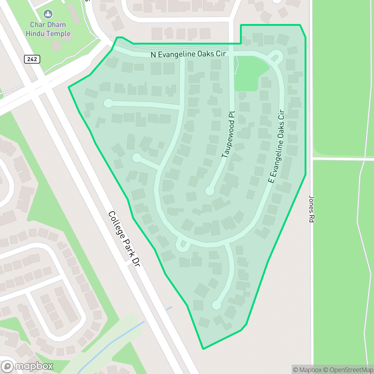 Map showing the location of Evangeline Oaks, The Woodlands, TX
