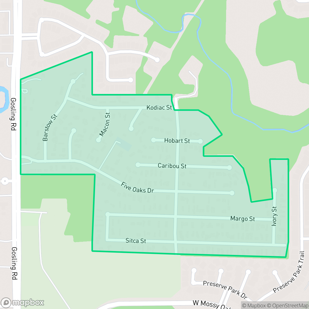 Map showing the location of Five Oaks, The Woodlands, TX