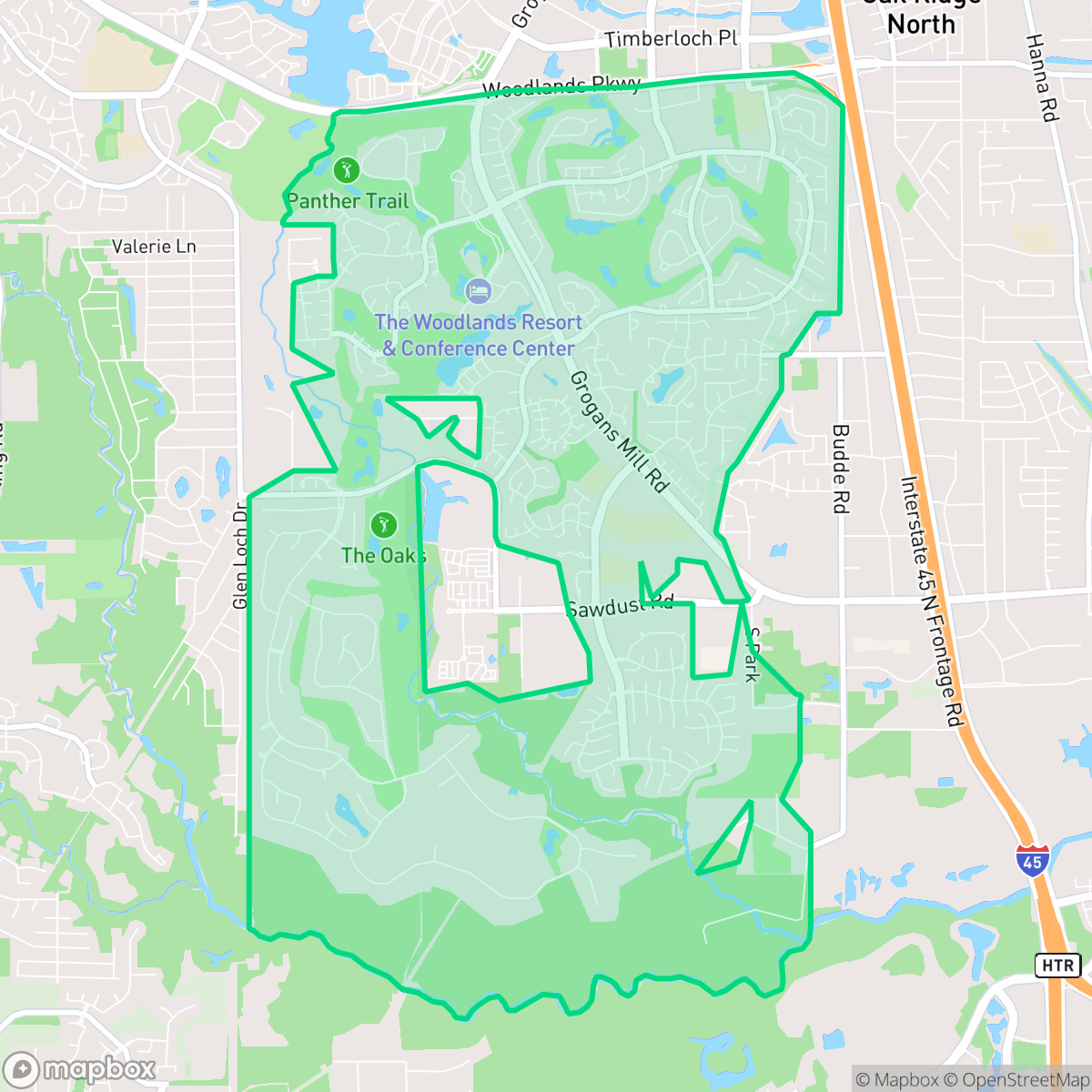 Map showing the location of Grogan's Mill, The Woodlands, TX