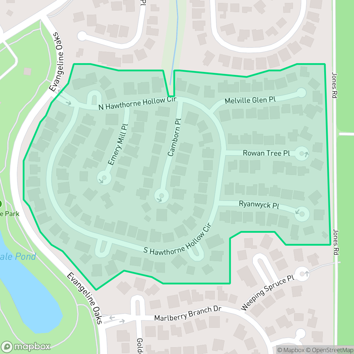 Map showing the location of Hawthorne Hollow, The Woodlands, TX