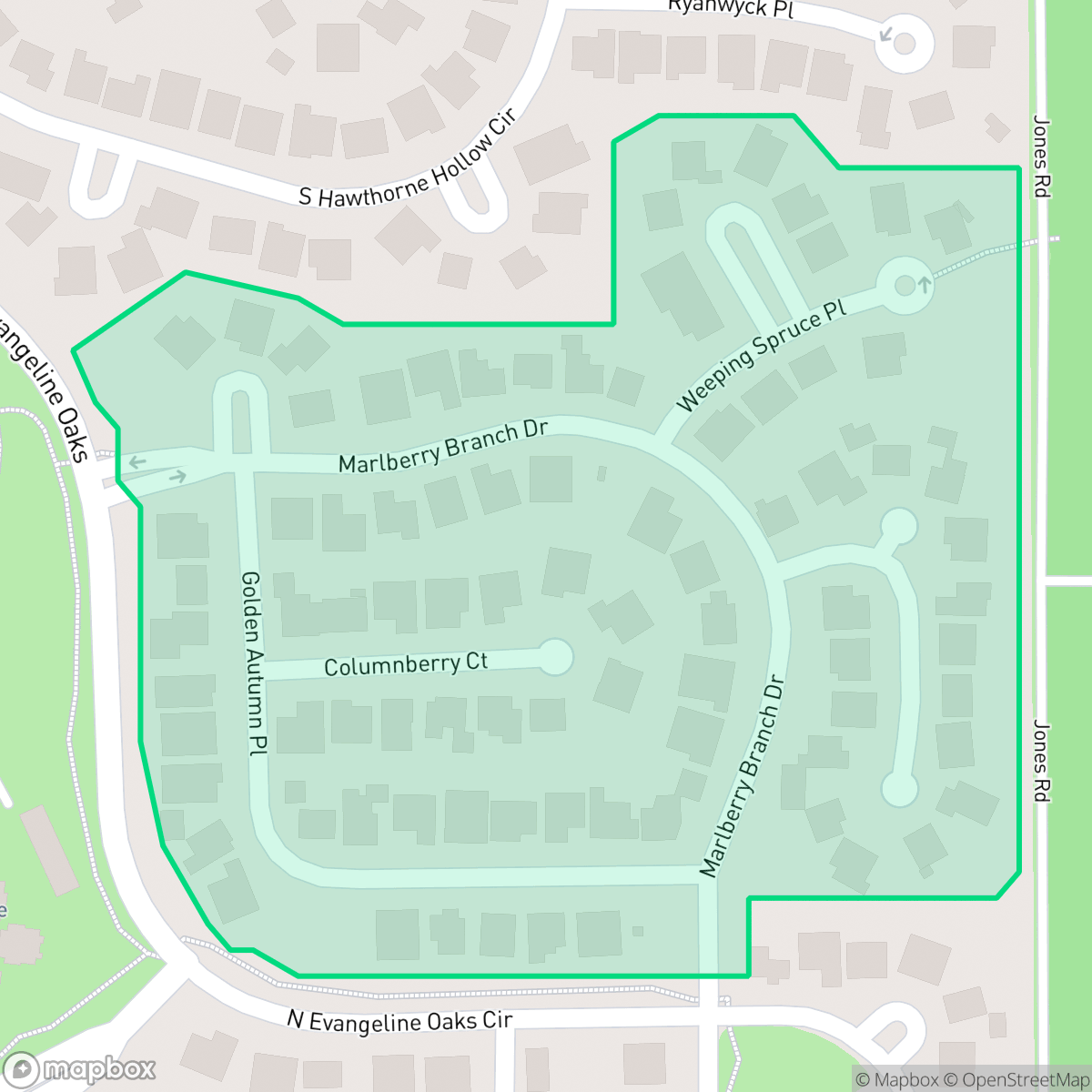 Map showing the location of Marlberry Branch, The Woodlands, TX