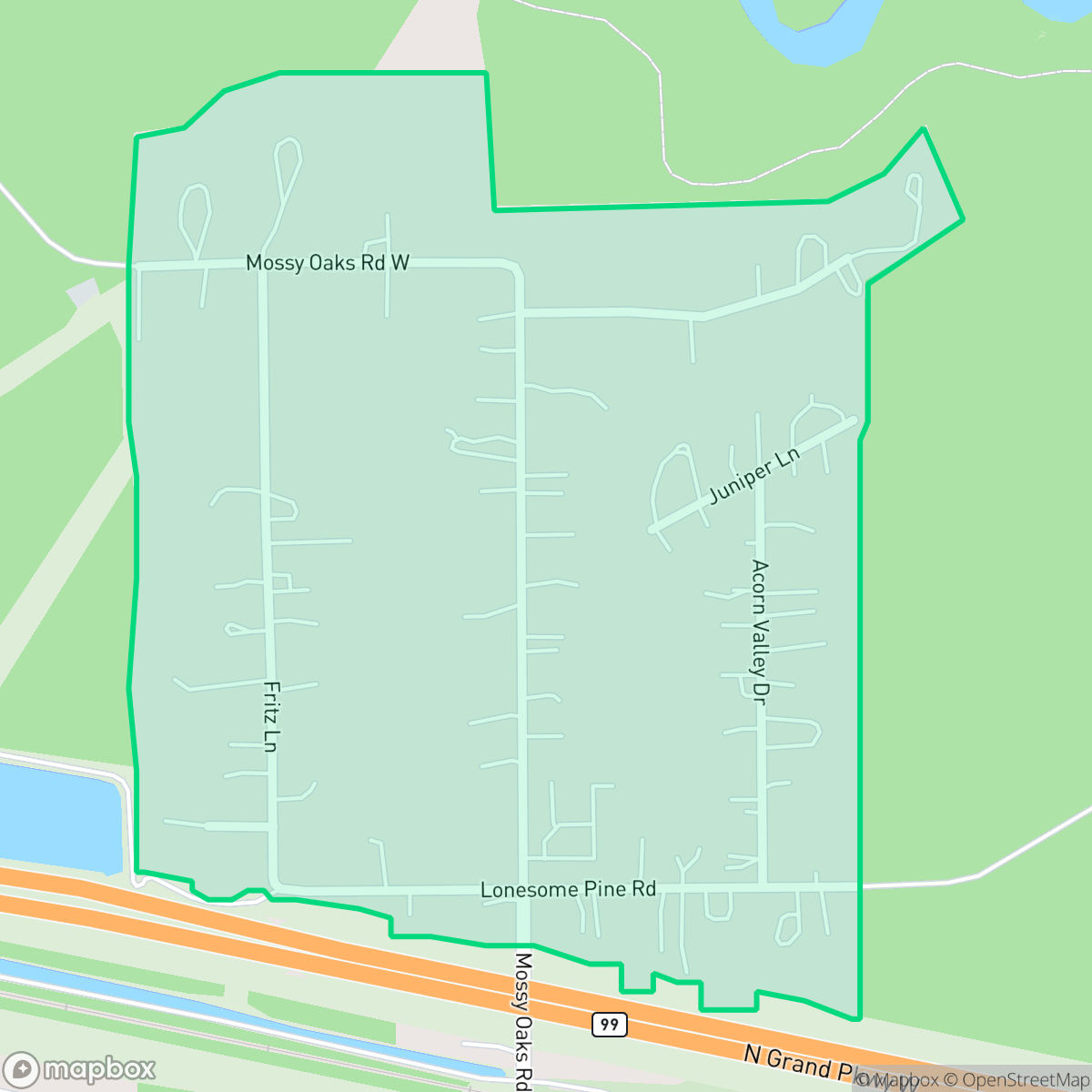 Map showing the location of Mossy Oaks, The Woodlands, TX