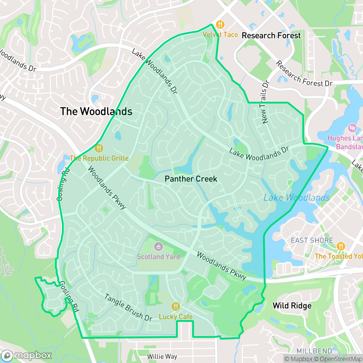 Map showing the location of Panther Creek, The Woodlands, TX