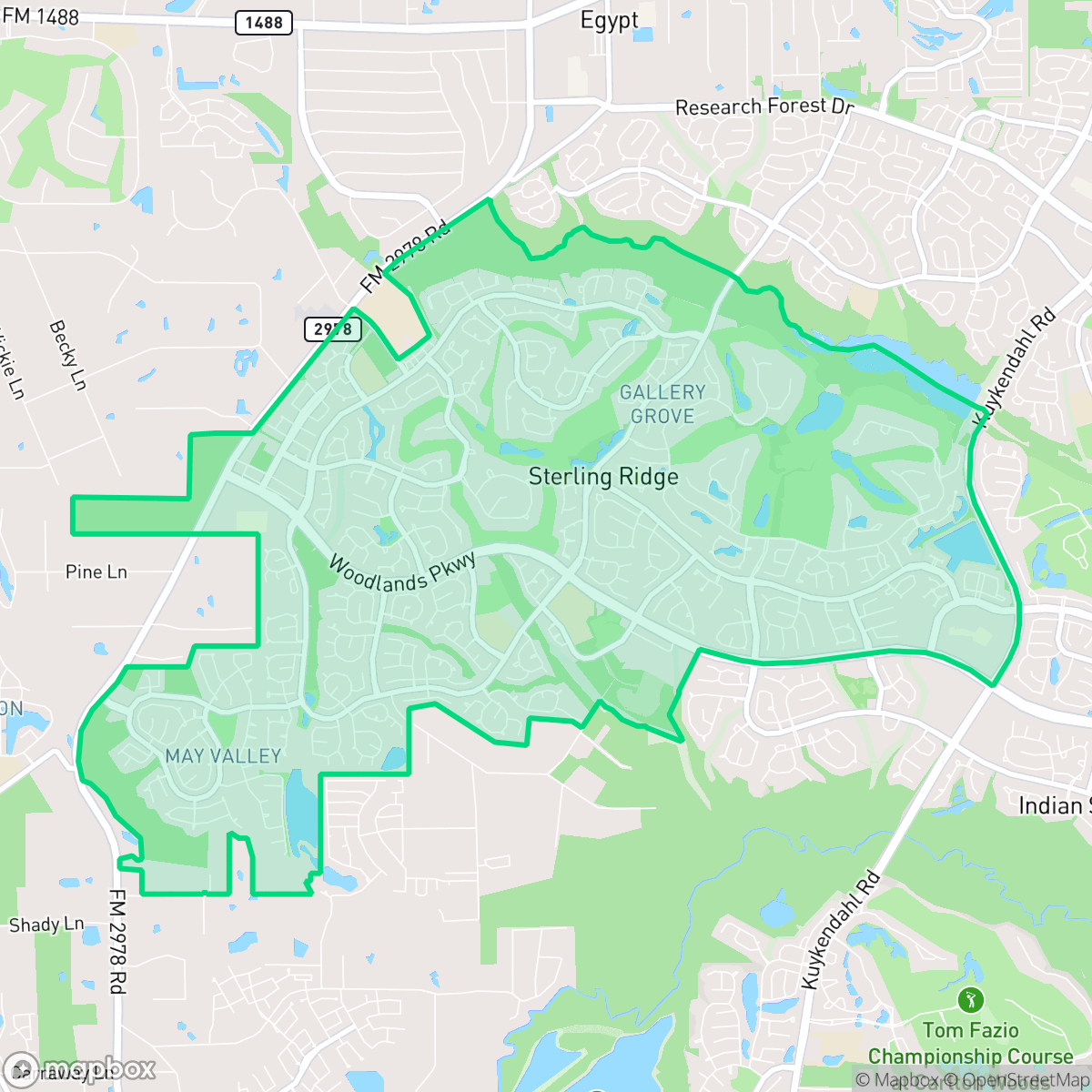 Map showing the location of Sterling Ridge, The Woodlands, TX