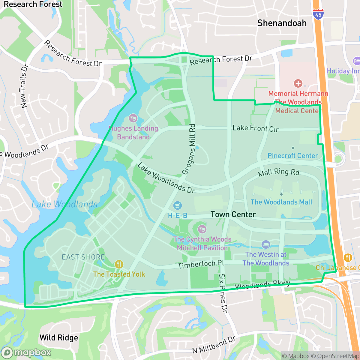 Map showing the location of Town Center, The Woodlands, TX