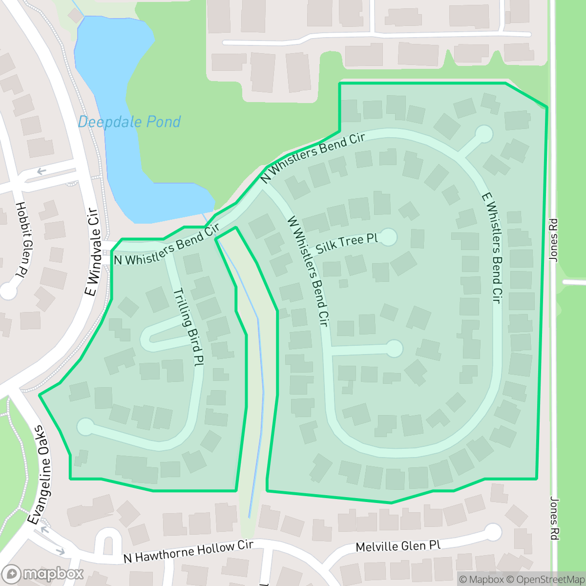 Map showing the location of Whistler's Bend, The Woodlands, TX