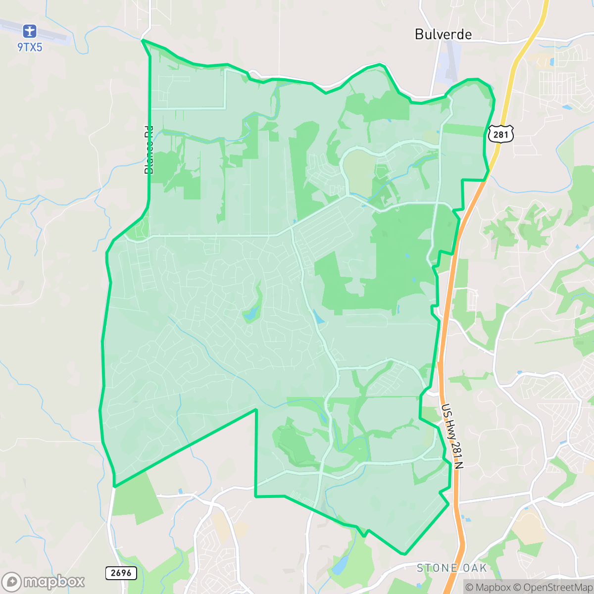 Map showing the location of Timberwood Park, TX — coverage area