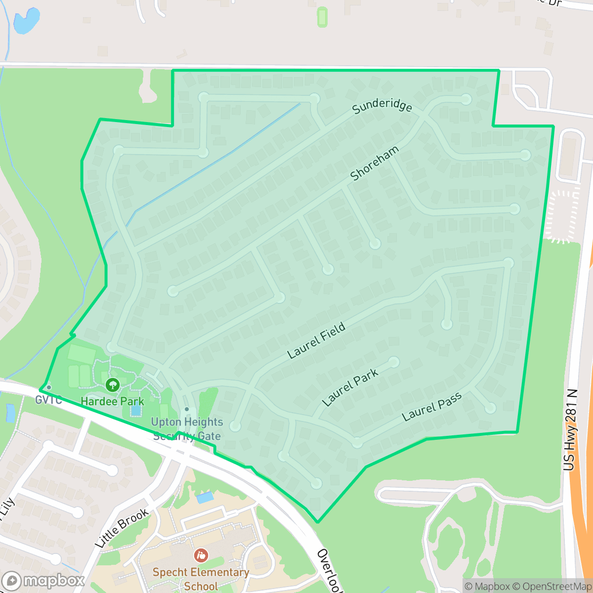 Map showing the location of Canyon Creek, Timberwood Park, TX