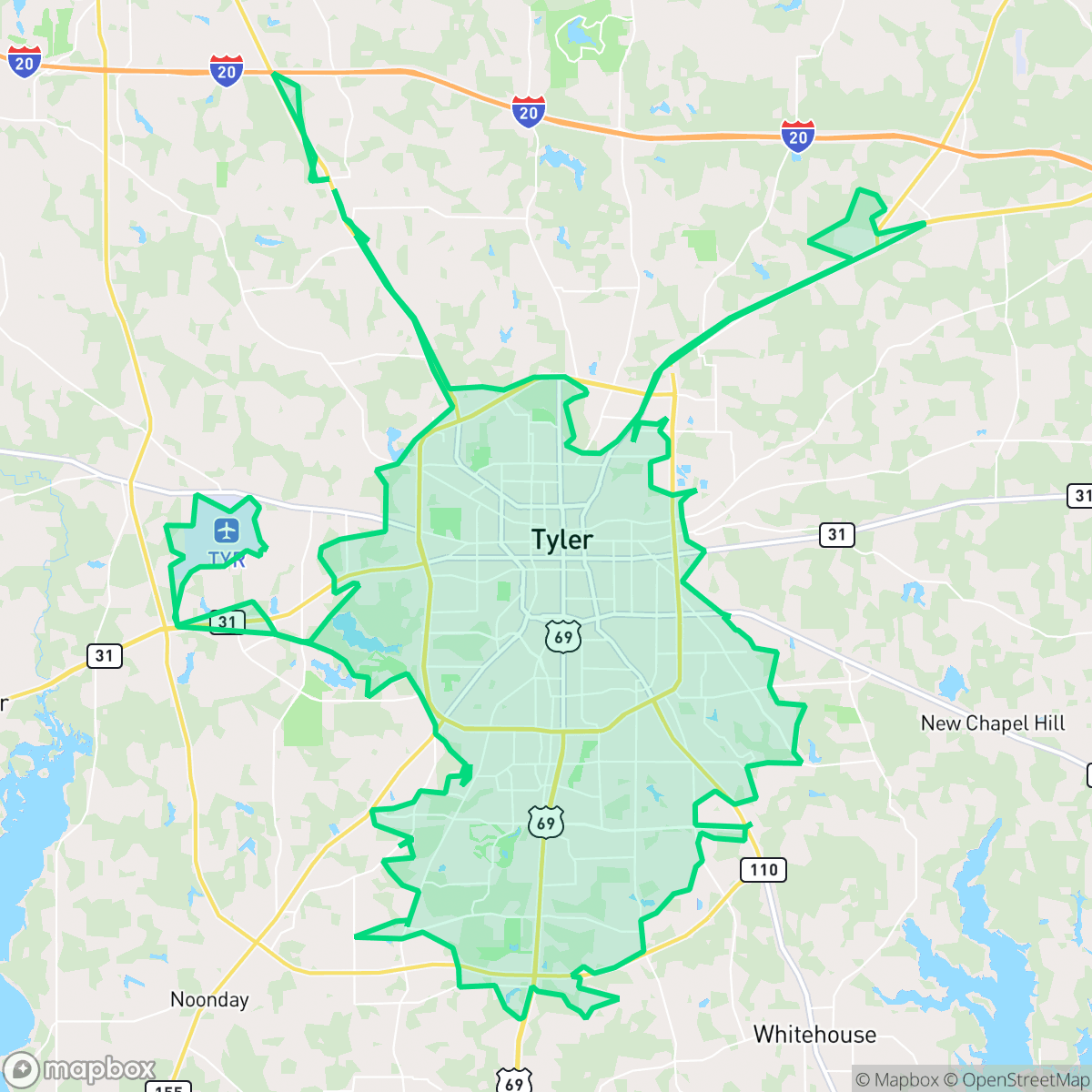 Map showing the location of Tyler, TX — coverage area