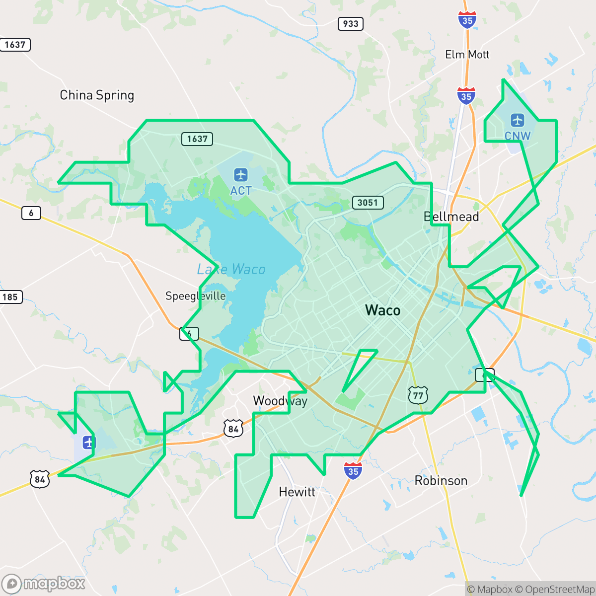 Map showing the location of Waco, TX — coverage area