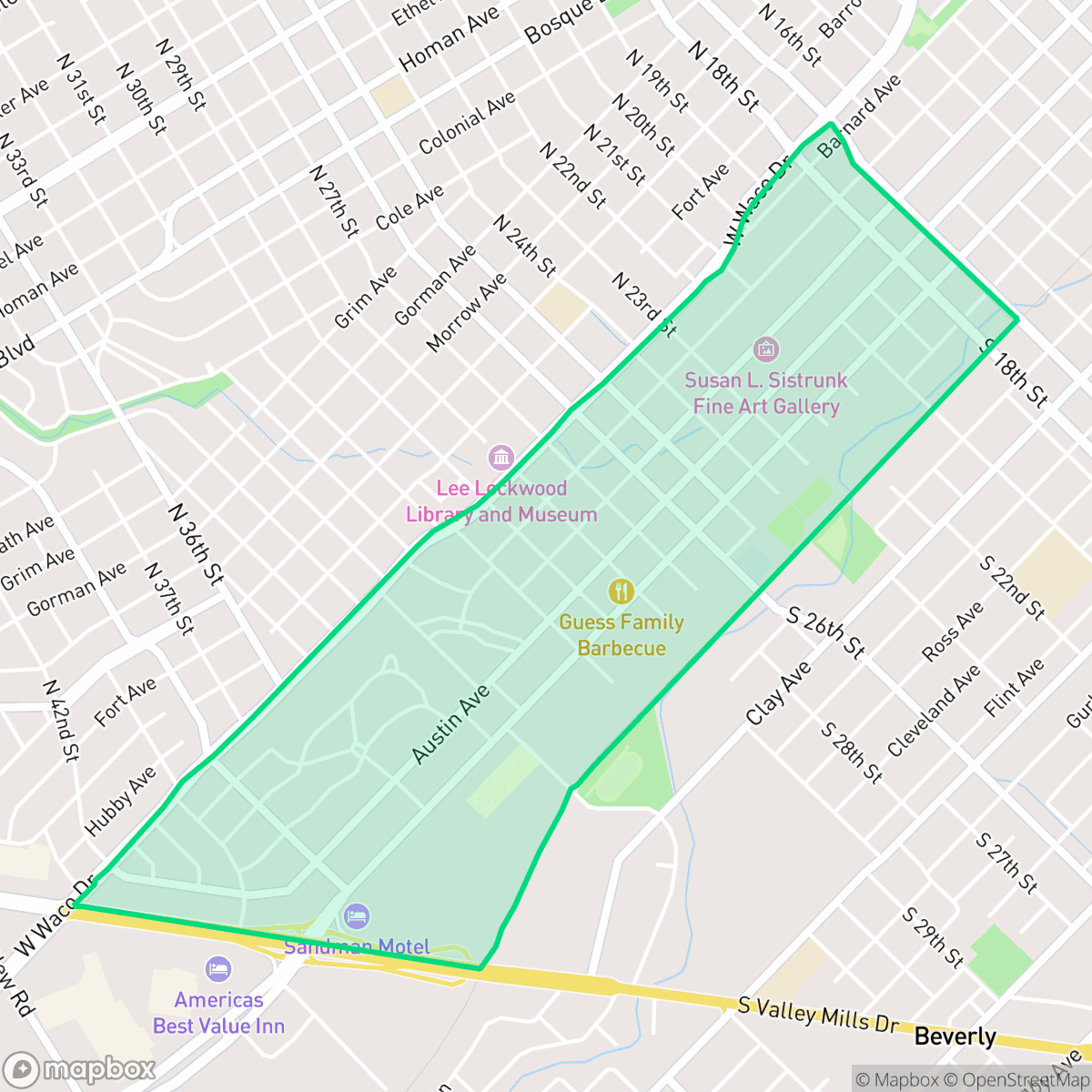 Map showing the location of Austin Avenue, Waco, TX