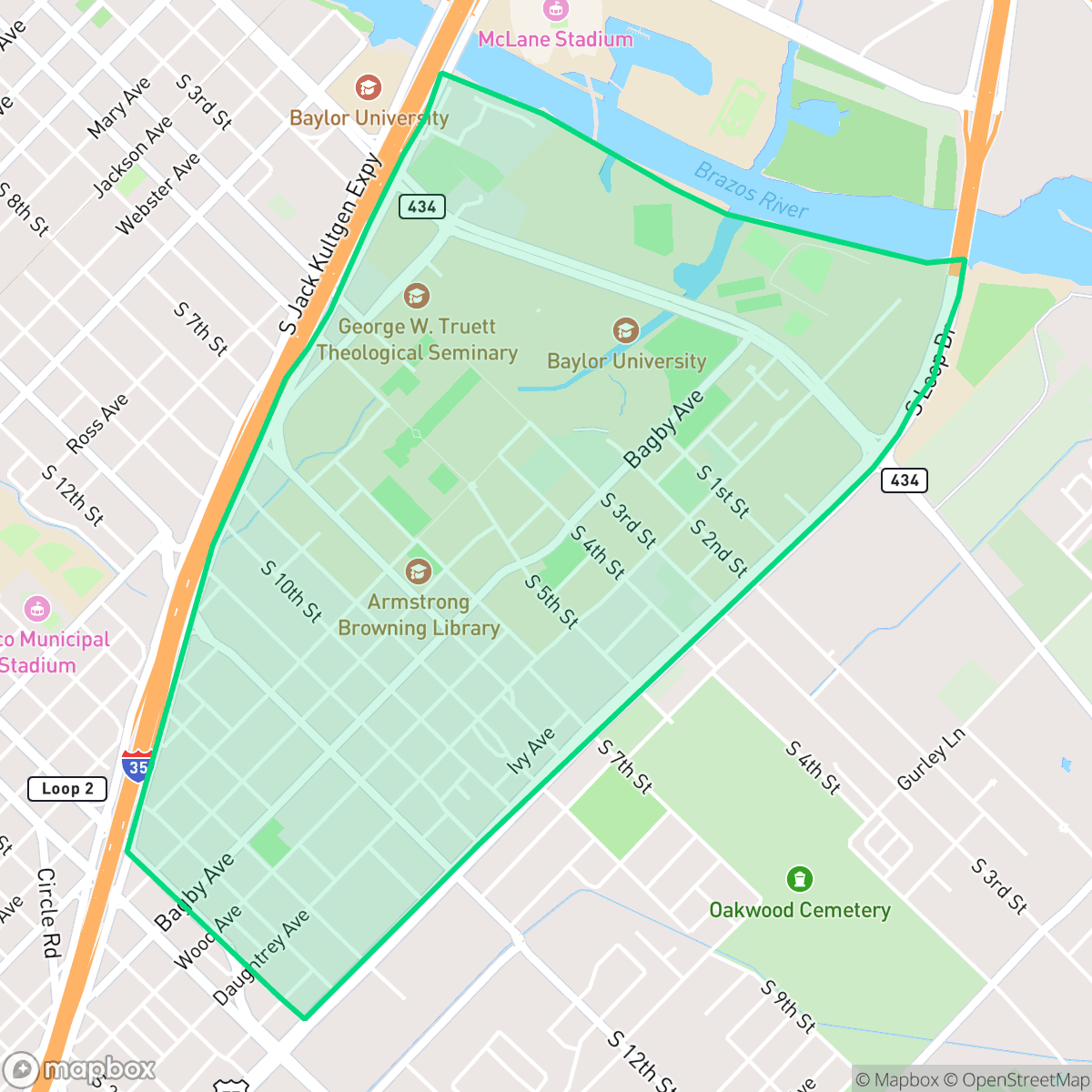 Map showing the location of Baylor, Waco, TX