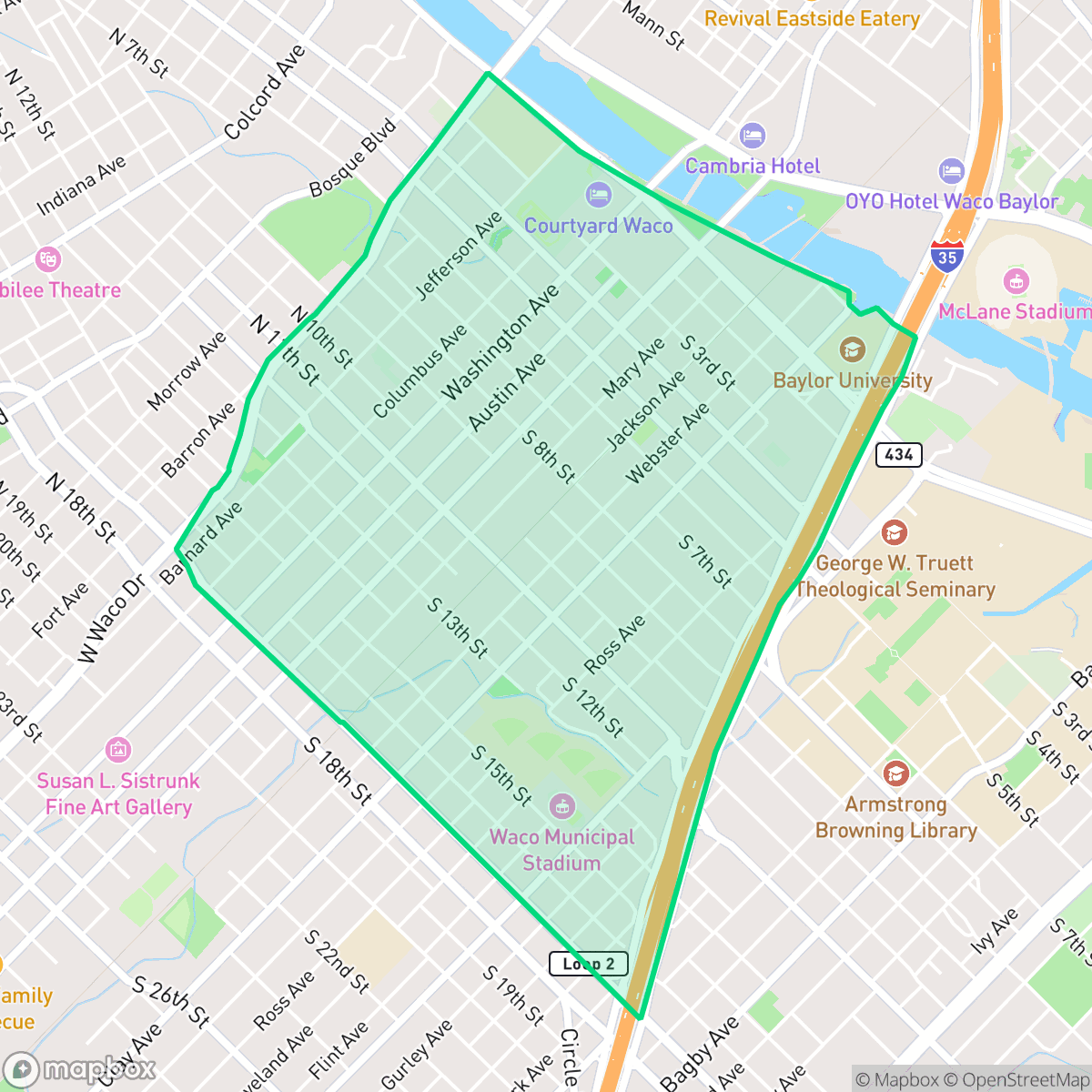 Map showing the location of Downtown, Waco, TX