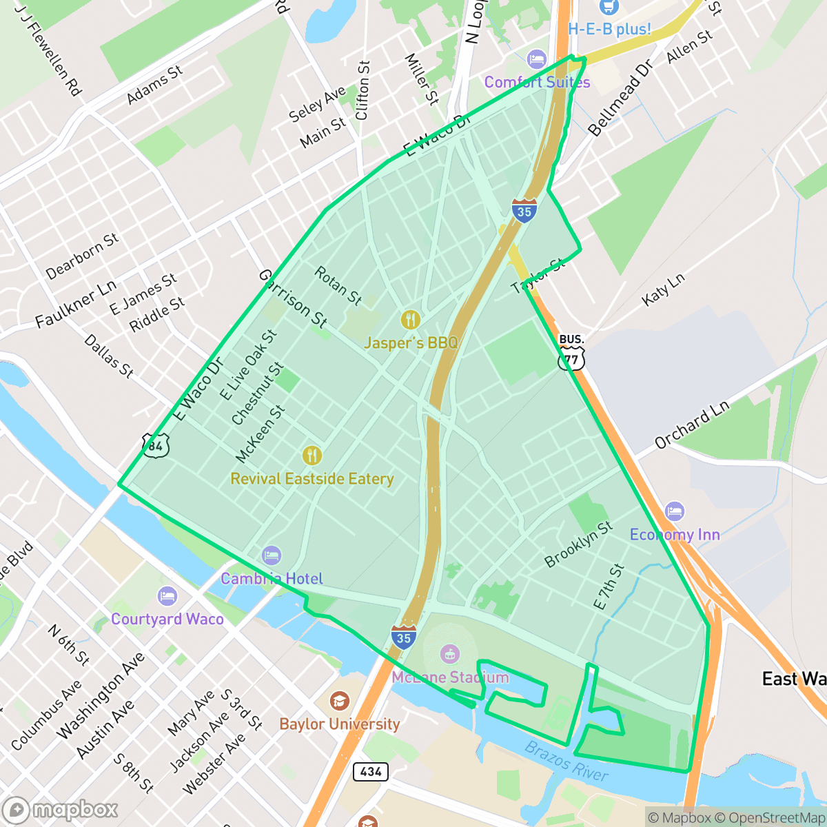 Map showing the location of East Riverside, Waco, TX