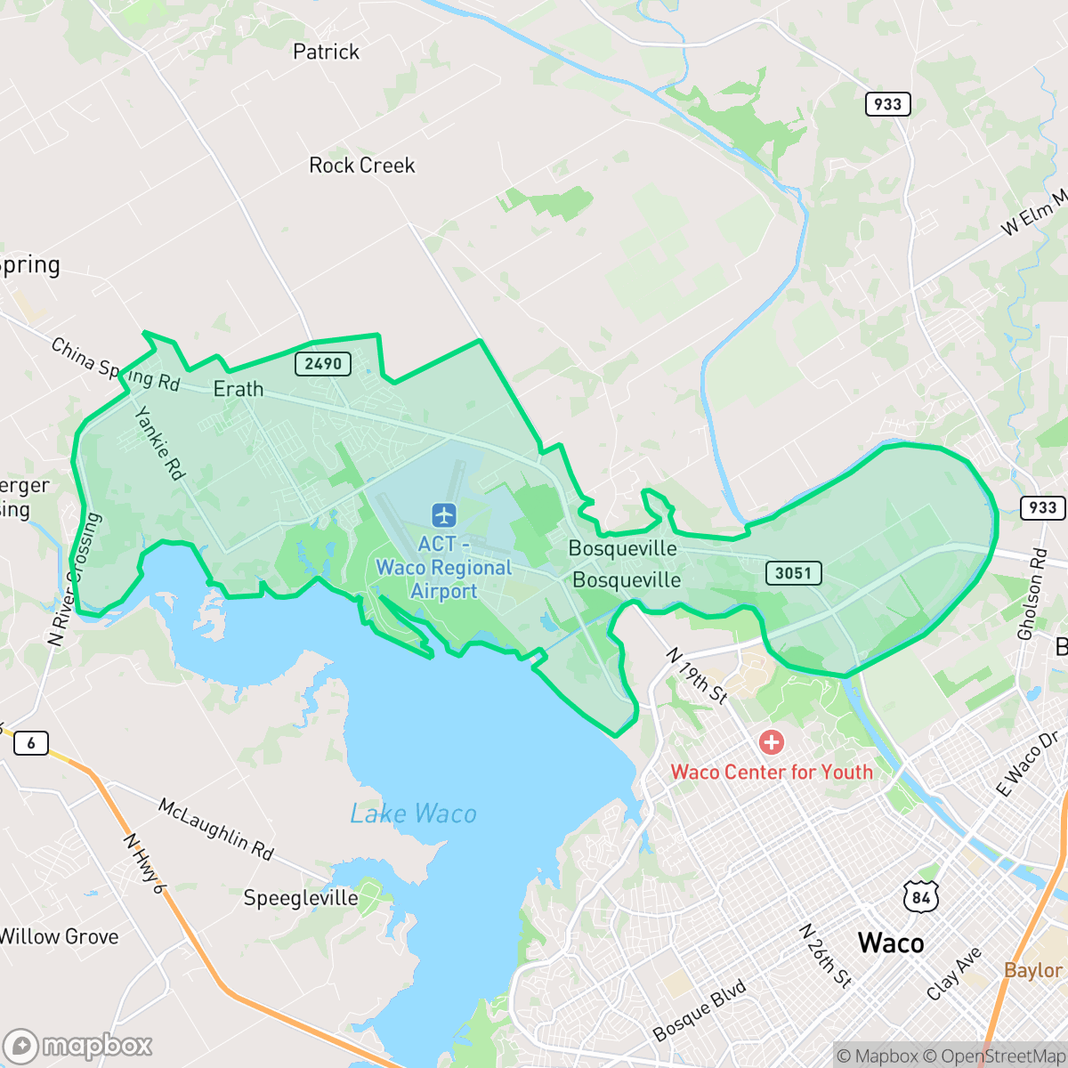 Map showing the location of North Lake Waco, Waco, TX