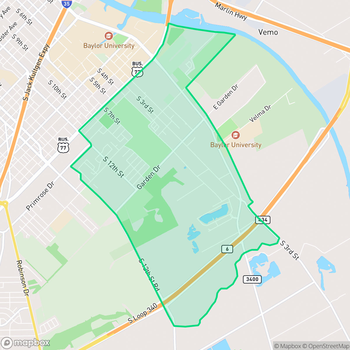 Map showing the location of Oakwood, Waco, TX