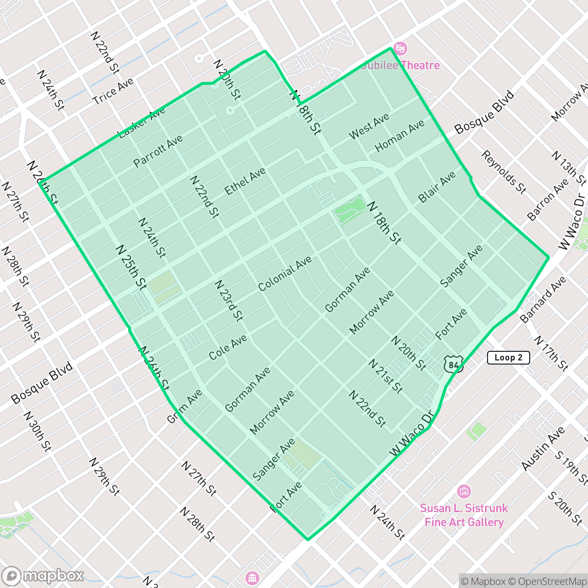 Map showing the location of Sanger Heights, Waco, TX