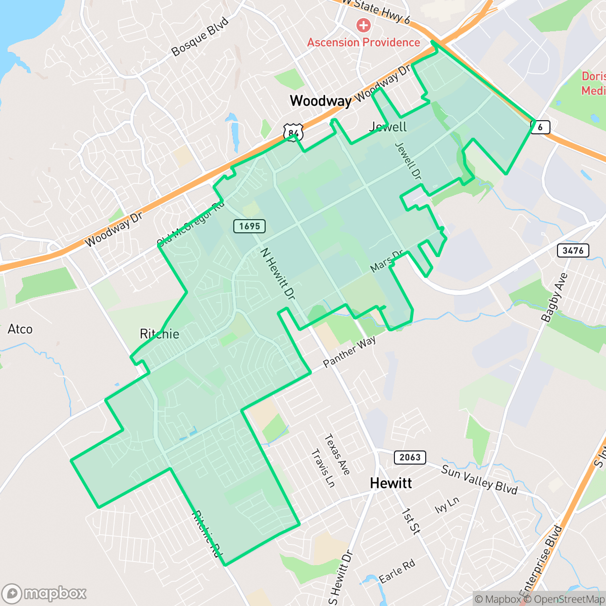 Map showing the location of West Waco, Waco, TX