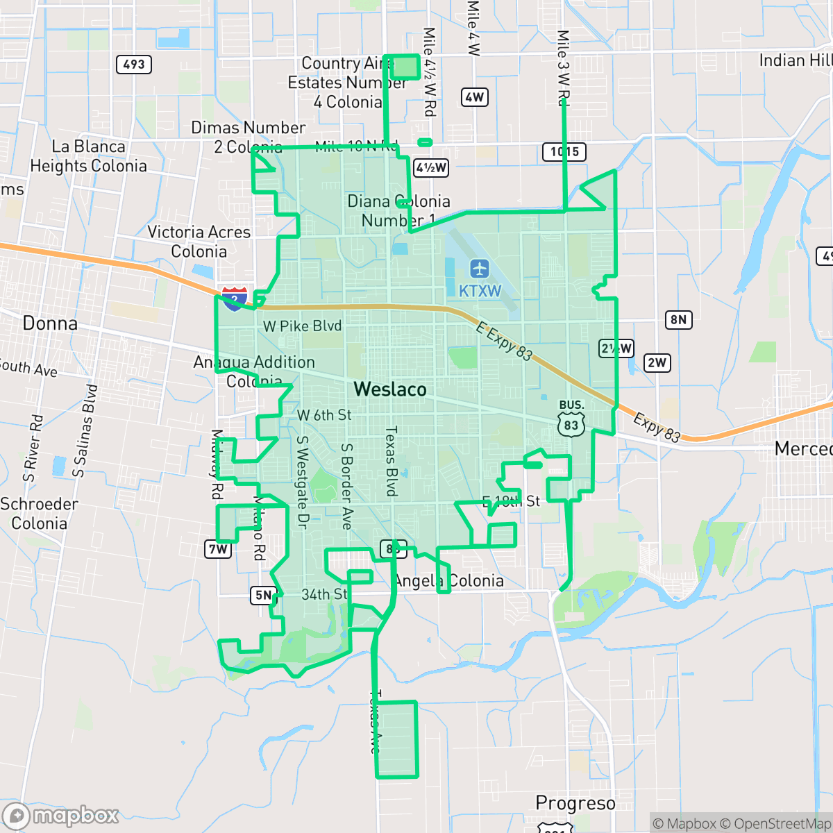 Map showing the location of Weslaco, TX — coverage area